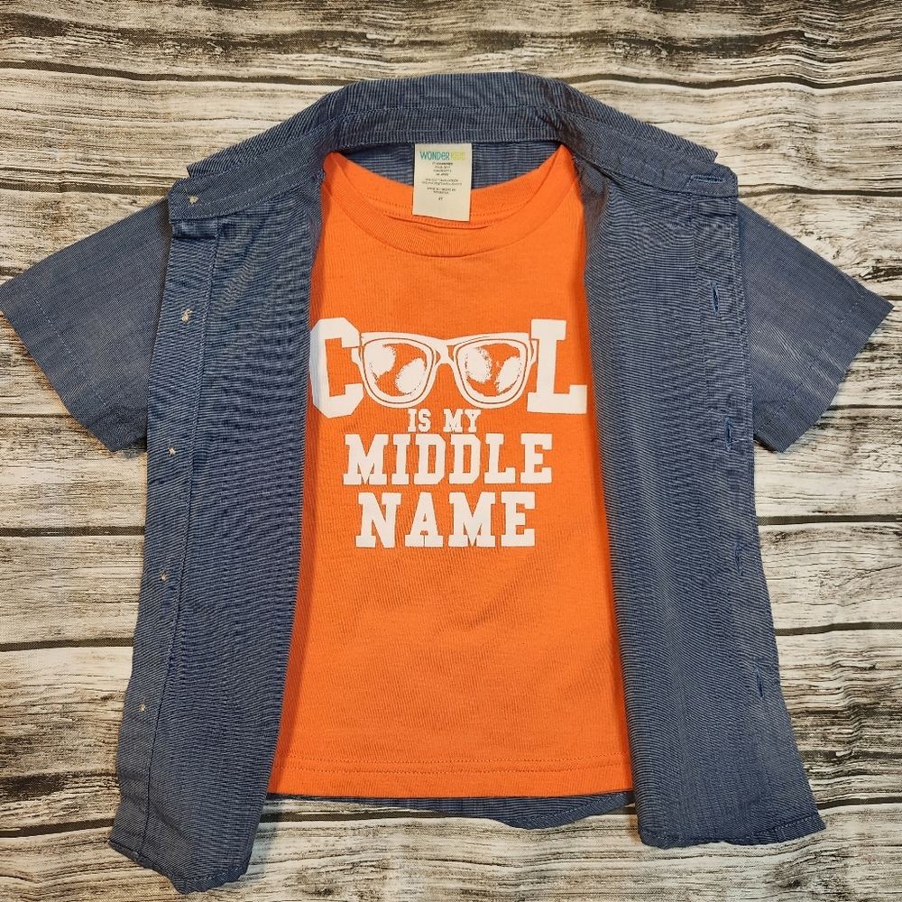 Wonderkids blue button down with orange t shirt